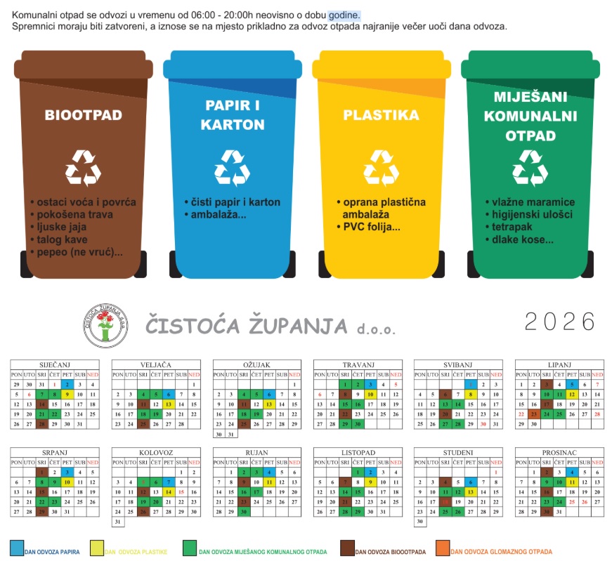 Raspored odvoza komunalnog otpada za 2026. godinu