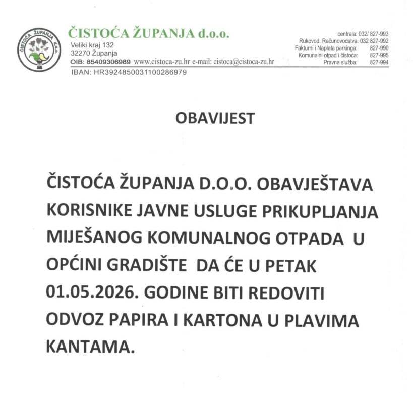 Obavijest o odvozu miješanog komunalnog otpada