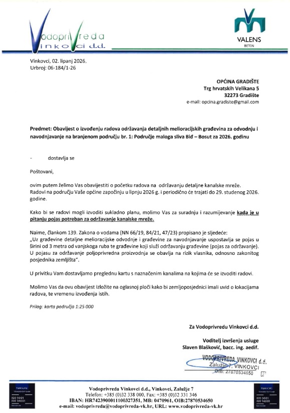 Obavijest o održavanju detaljnje kanalske mreže u Gradištu