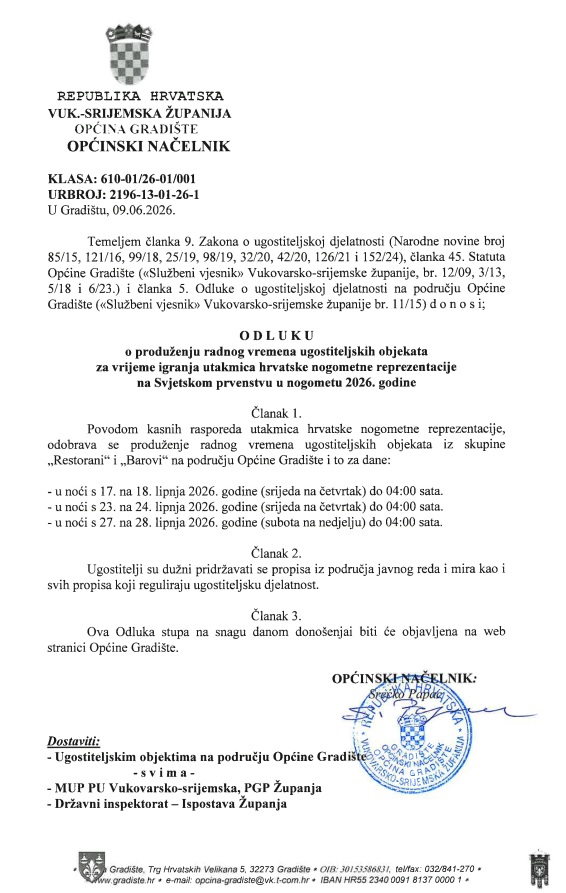 Obavijest o radnom vremenu ugostiteljskih objekata za vrijeme održavanja SP u nogometu