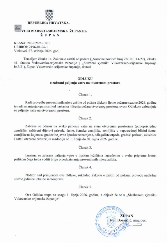 Odluka o zabrani paljenja vatre na otvorenom prostoru
