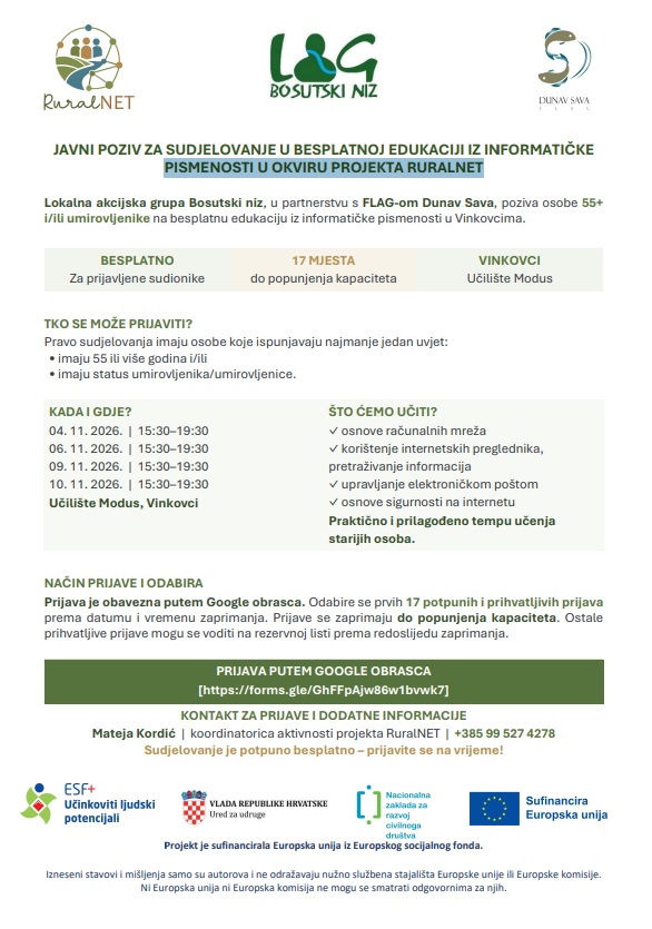 JAVNI POZIV ZA SUDJELOVANJE U BESPLATNOJ EDUKACIJI IZ INFORMATIČKE PISMENOSTI U OKVIRU PROJEKTA RURALNET